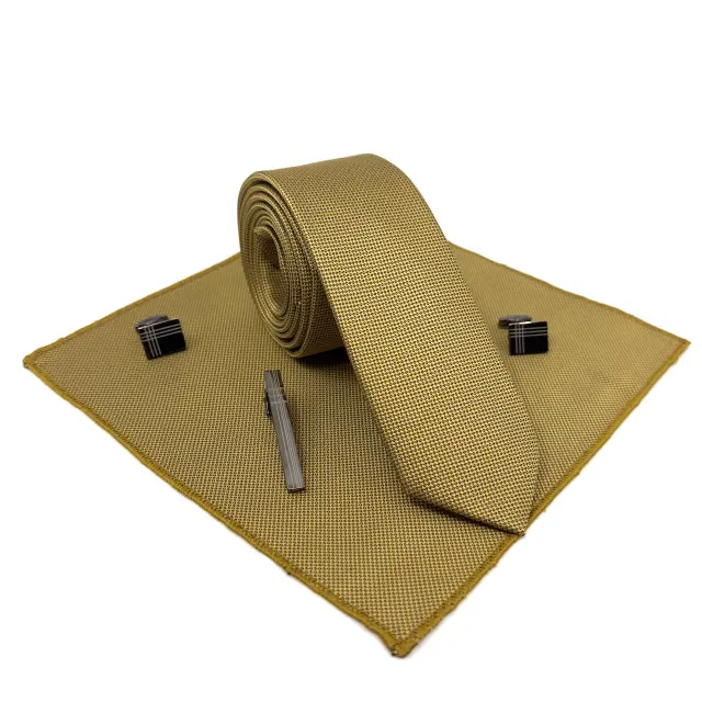 Χρυσαφί Golden Γραβάτα Oxford 6,5 cm με Ασορτί Μαντήλι 3