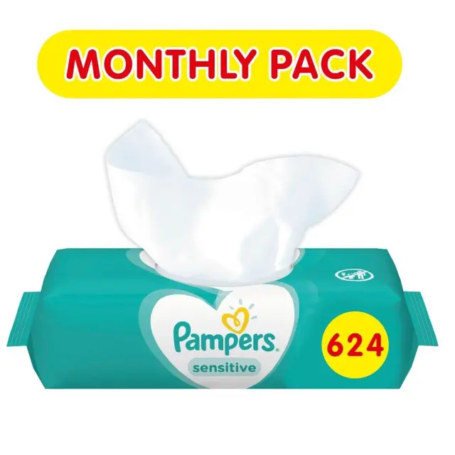 Pampers Μωρομάντηλα Sensitive χωρίς Άρωμα + Οινόπνευμα Συσκευασία με Αυτοκόλλητο 12x52τμχ 2