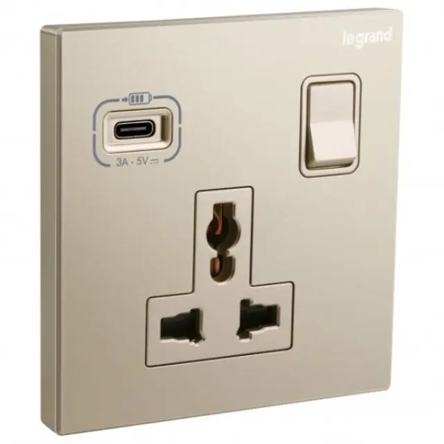 Switched Socket Outlet Galion 1 Gang Multistandard USB-C 18W Champagne