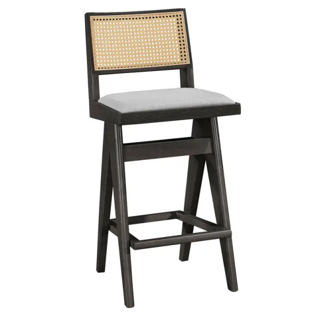 Σκαμπό bar Winslow pakoworld ξύλο rubberwood μαύρο-pvc rattan φυσικό-ύφασμα γκρι 44.5x46x98εκ | Συσκευασία 2 τμχ