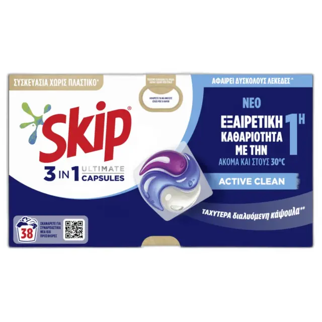 Skip Active Clean απορρυπαντικό πλυντηρίου ρούχων σε κάψουλες 802γρ 38μεζ 2