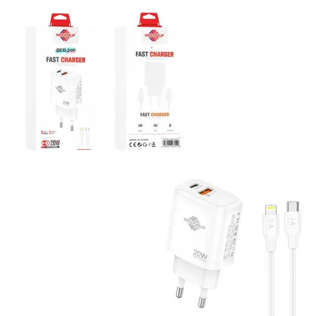 Wisdomup Φορτιστής Κινητού USB-C και USB με Καλώδιο Lightning σε Type-C 20W OCD-31P - Fast Charger with Lightning to Type-C Cable 211220