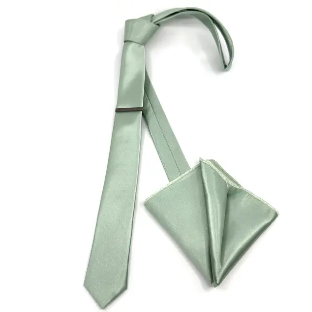 Φυστικί Γραβάτα Σατέν Glossy Slim 4,5 cm με Ασορτί Μαντήλι 3