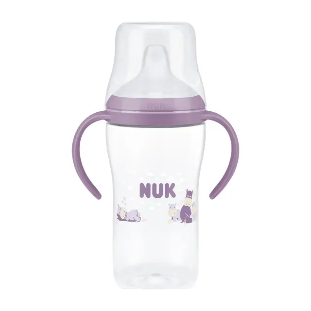 NUK Perfect Match Εκπαιδευτικό Μπιμπερό με Στόμιο Σιλικόνης και 2 Λαβές 6+ Μηνών, Μωβ Ιπποπόταμος, 260ml
