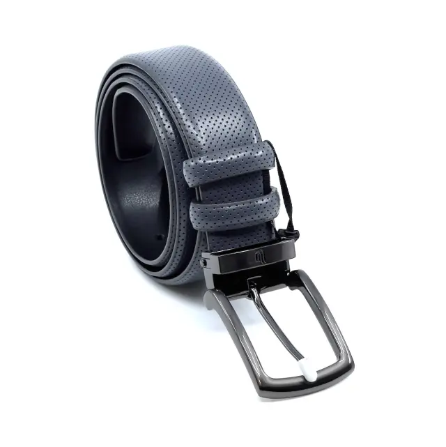 Ανδρική Γκρι Δερμάτινη Ζώνη με Ανάγλυφη Υφή και Μεταλλικό Στοιχείο 3