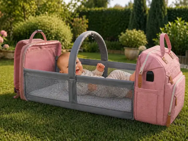 Mommy Bag Τσάντα Αλλαξιέρα Πλάτης Μωρού με Πτυσσόμενο Κρεβάτι & USB Ροζ 2
