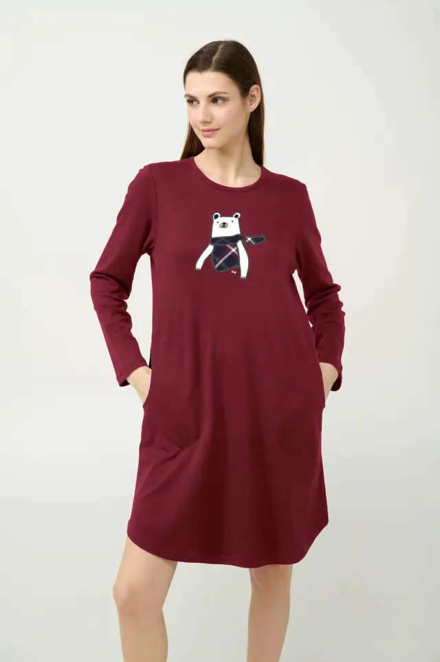 Χειμερινό Βαμβακερό Νυχτικό με Τσέπες Vamp 23686 RED CABERNET