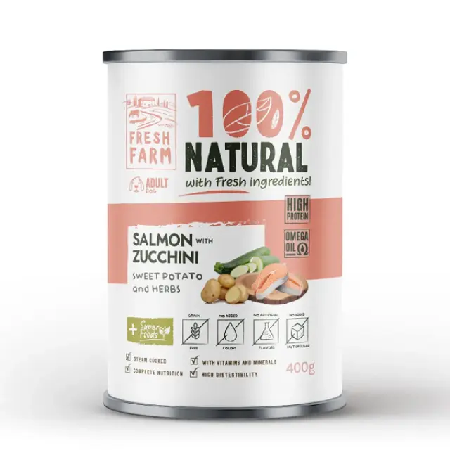 Fresh Farm 100% Natural χονδροκομμένο Πατέ με σολομό, κολοκύθι, γλυκοπατάτα και βότανα Can 400gr