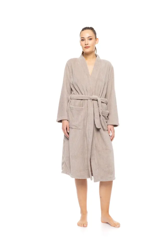 W1881 - Sand - ROBE LONG FLEECE STRIPE
