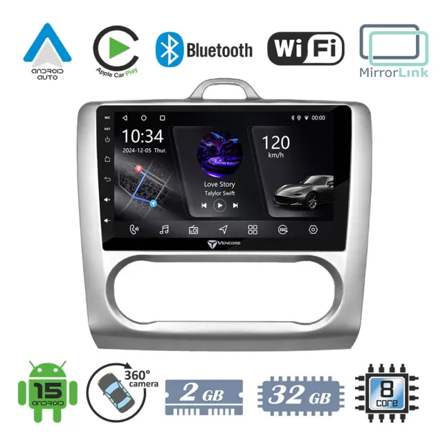 VenCore Οθόνη Multimedia Android 15 9" PX5S Octa-Core 2GB/32GB IPS με Πρόσοψη, CarPlay, Android Auto και Υποστήριξη Κάμερας 360° για Ford Focus Auto A/C 2004-2015 – Ασημί (3236-10005-0041SA)