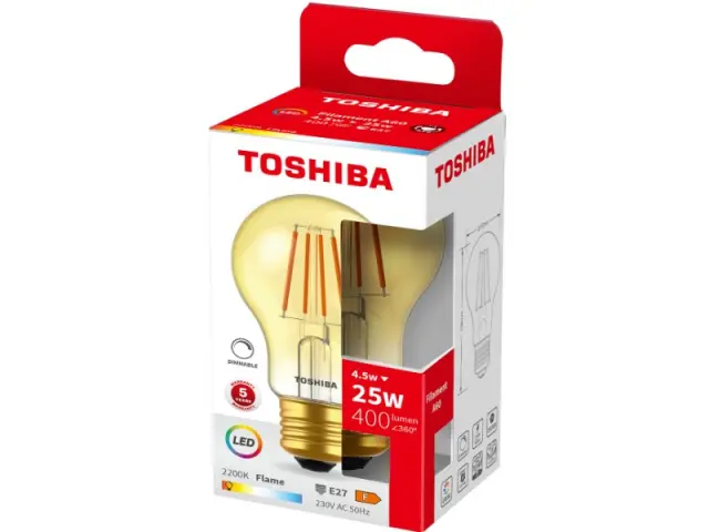 Toshiba LED Filament Amber A60 E27 4.5W 2200K Dimmable (DELS-FBA44P5A7DF11)