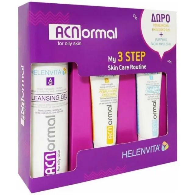 Helenvita PROMO ACNormal Ολοκληρωμένο Σύστημα Περιποίησης Λιπαρής και Ακνεϊκής Επιδερμίδας My 3 Step Skin Care Routine Τζέλ Καθαρισμού 200ml + Δώρο Ενυδατική Κρέμα Προσώπου Rebalancing Emulsion 20ml + Μάσκα Pyrifying Facial Mask 20ml
