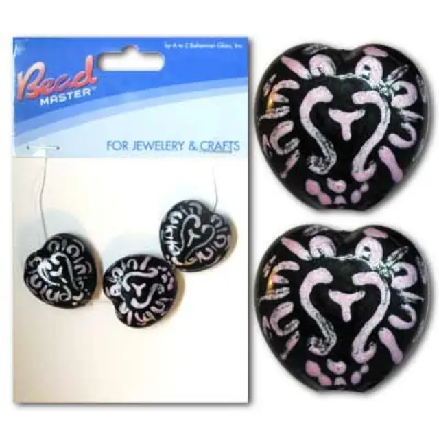 Χάντρα Γυάλινη Βαμμένη στο Χέρι - Black/Pink Heart 20mm - 3τεμ