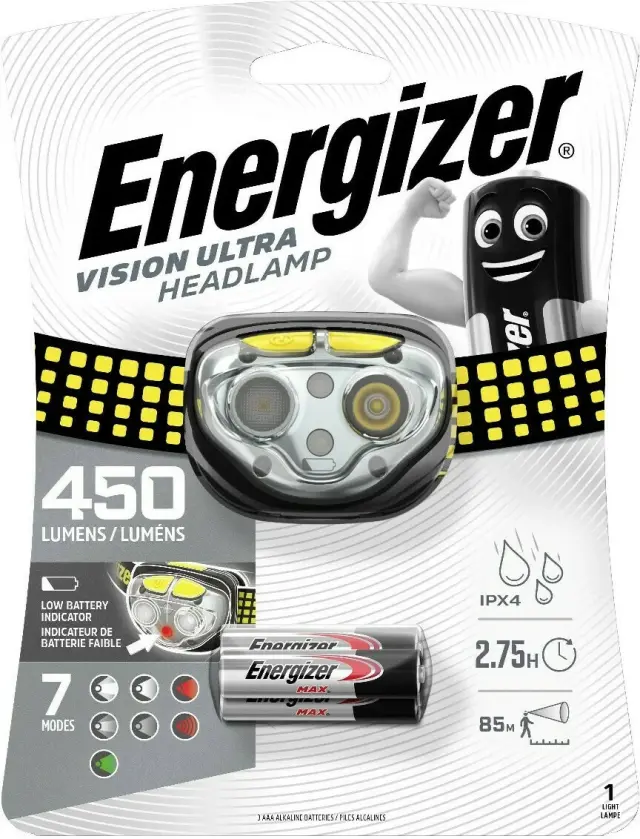 Φακός Κεφαλής Energizer Vision Ultra 450 Lumens IPX4 με 3 Μπαταρίες ΑΑΑ Μαύρο-Κίτρινο