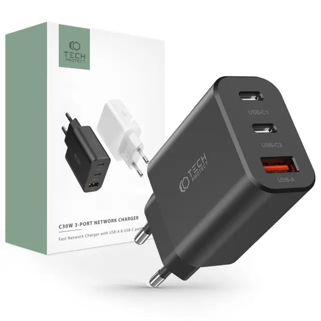 Tech-Protect Φορτιστής NC30W 2x USB-C PD 30W / USB-A QC 3.0 Black