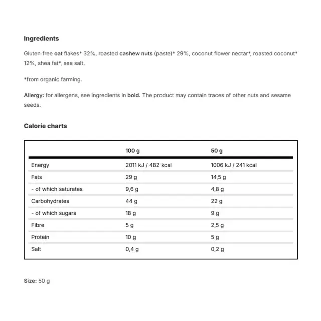 Vilgain Bio Oat Bar Coconut Cashew 2