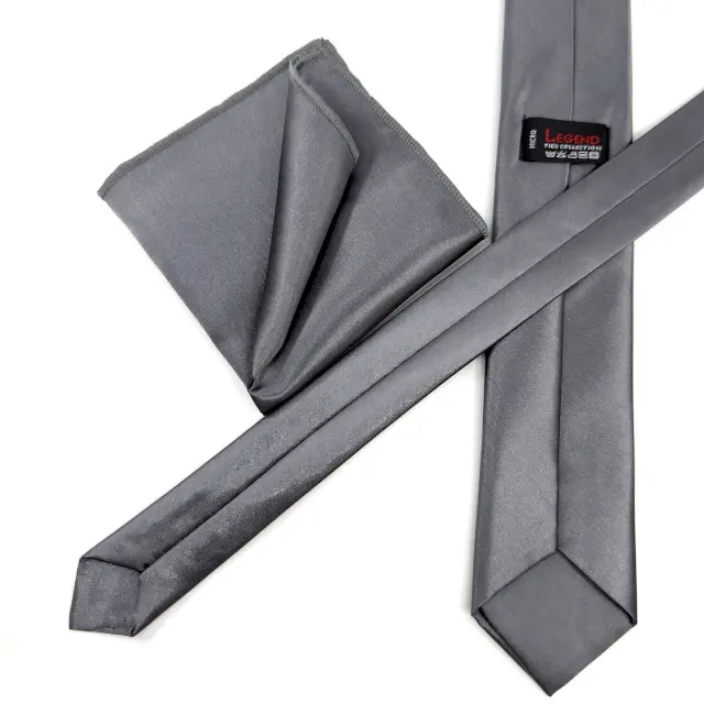 Γκρι Dim Gray Γραβάτα Σατέν Ματ 6,5 cm με Ασορτί Μαντήλι 3