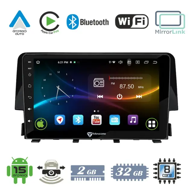 VenCore Οθόνη Multimedia Android 15 9" 9109A MTK6762 Octa-Core 2GB/32GB IPS με Πρόσοψη, CarPlay, Android Auto και Υποστήριξη Κάμερας Οπισθοπορείας AHD για Honda Civic 2016-2026 – Μαύρη (3236-10007-0058B)