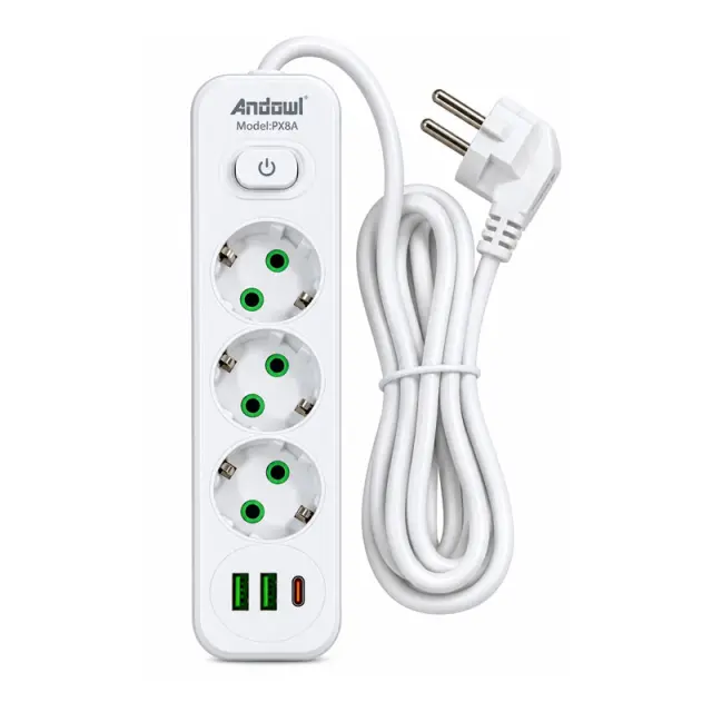Andowl Πολύπριζο 3 Θέσεων με 2 USB, 1 Type-C, Διακόπτη ON/OFF και Καλώδιο 2m 2500W PX8A - 3 Socket Power Socket 0751302 2