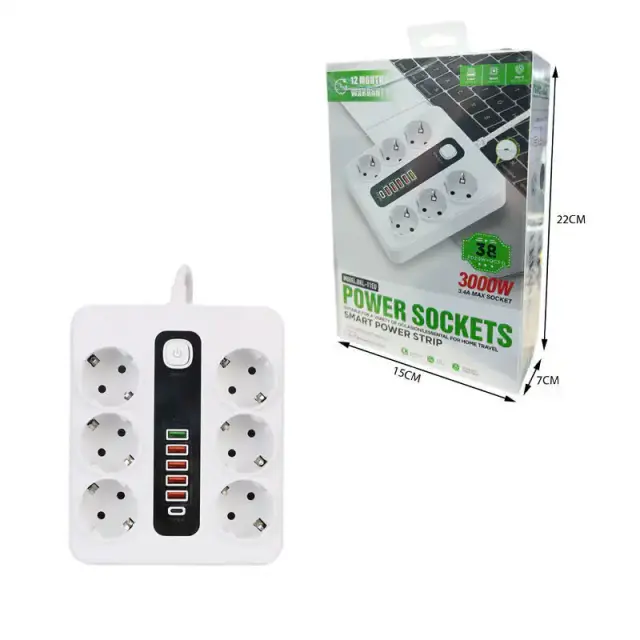 Πολύμπριζο 6 Θέσεων, 5USB και 1Type-C με διακόπτη 2m καλώδιο 3000W BKL-11EU- Power Socket - TF146700 2