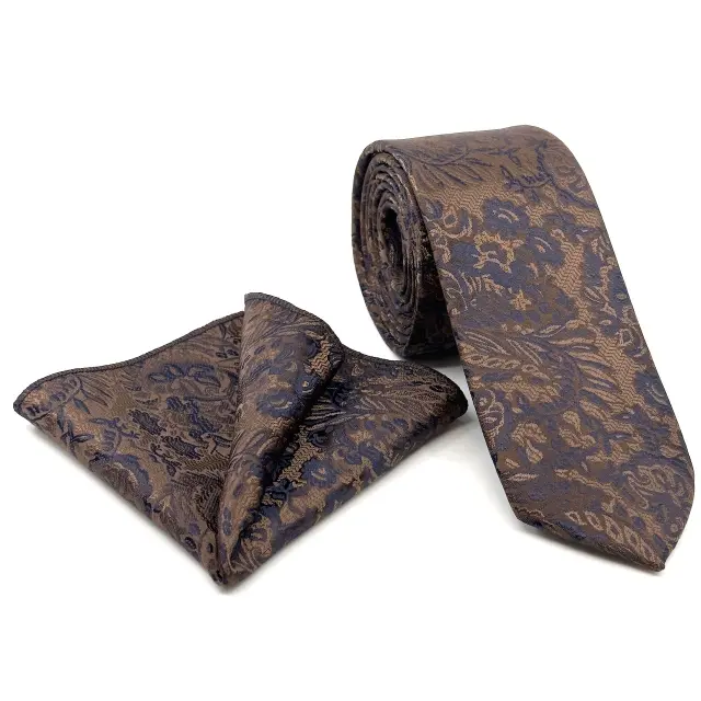 Γραβάτα Microfiber Ζακάρ σε Καφέ Μοτίβο Σετ με Μαντηλάκι