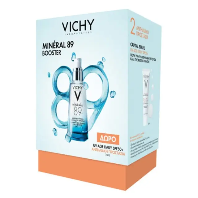 Vichy Promo Vichy Mineral 89 Hyaluronic Acid Face Moisturizer Ενυδατικό Booster Προσώπου για Καθημερινή Χρήση, 50ml + Δώρο UV-Age Daily SPF50+ Αντηλιακό Προσώπου, 15ml, 1σετ