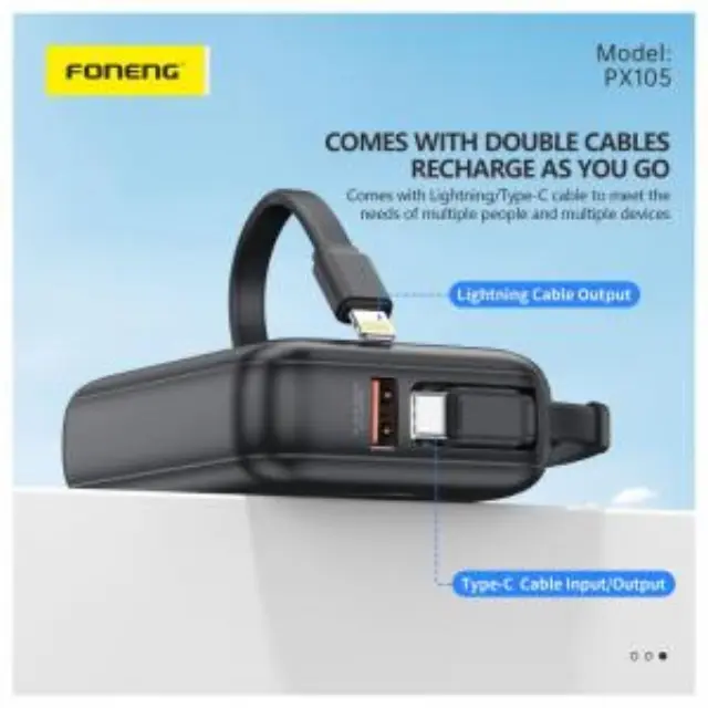 Φορτιστής Ανάγκης Foneng PX105 22.5W 10000mAh Mini με 2 Ενσωματωμένα Καλώδια Μπλε N69380 3