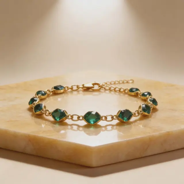 Gold Bracelet with Green Crystal Stones
