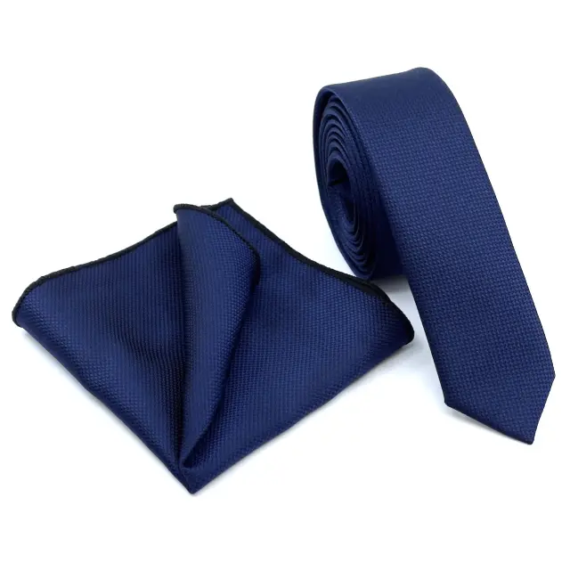 Μπλε Navy Oxford Γραβάτα Slim 4,5 cm Σετ με Μαντηλάκι