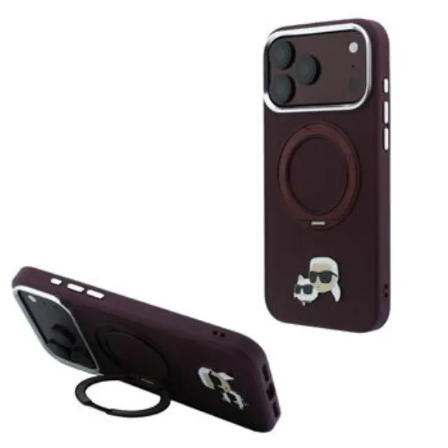 Karl Lagerfeld PU Grained K&CH Heads Ring Stand Magsafe Case for iPhone 18 Pro Max Burgundy