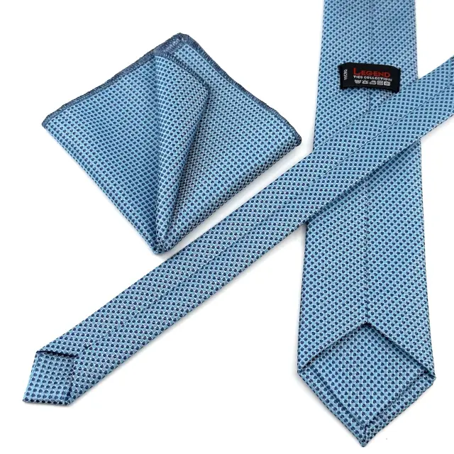 Γραβάτα Microfiber σε Ανοιχτό Σιέλ Μοτίβο Σετ με Μαντηλάκι 3