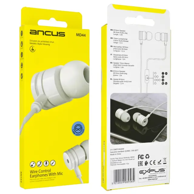 Hands Free Ancus Harmony MD44 in-Earbud Stereo 3.5mm Λευκό με Μικρόφωνο και Πλήκτρο Λειτουργίας 1,2μ 2