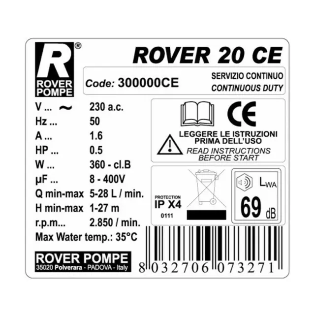 Rover Pompe ΒΕ-Μ 20 Αντλία μετάγγισης Μονοφασική με ιπποδύναμη 0,5 HP μπρούτζινη / 103752 3