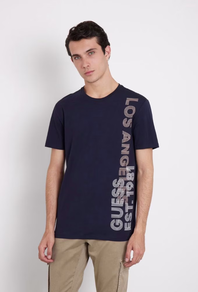Guess Ανδρικό Ελαστικό Τ-shirt Μπλέ Σκούρο με Λογότυπο στο Πλάι Μπλε Σκούρο