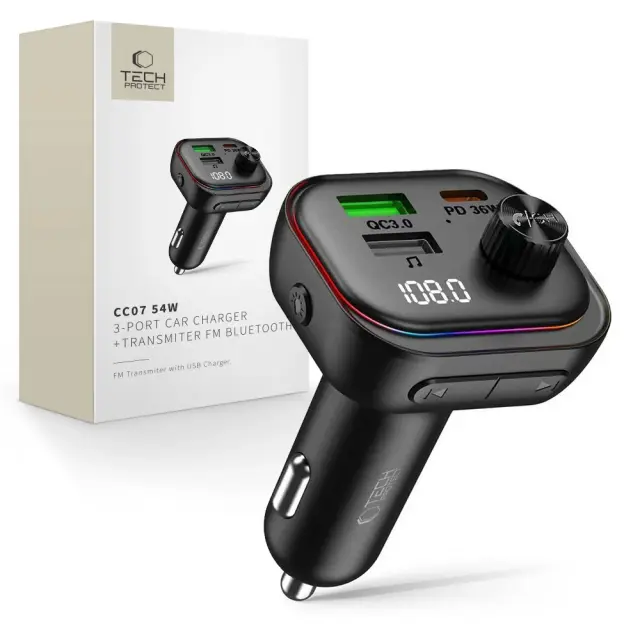 Tech-Protect® Φορτιστής Αυτοκινήτου 3 Θυρών PD 54W με Bluetooth FM Transmitter