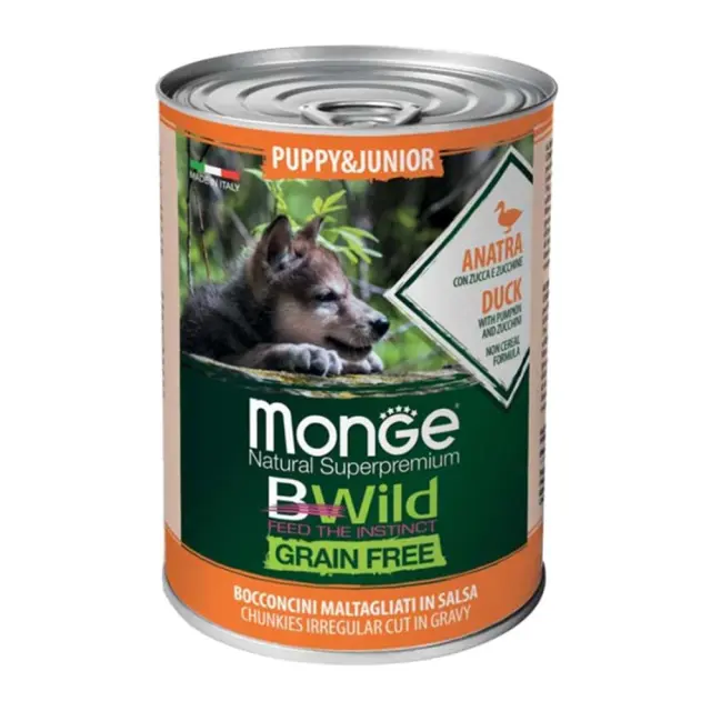 Monge Bwild Grain Free Κονσέρβα Κουταβιού με Πάπια, Κολοκύθα και Κολοκυθιά 400gr