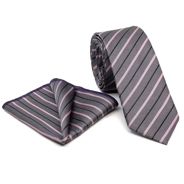 Λιλά Ριγέ Γραβάτα Microfiber Σετ με Μαντήλι