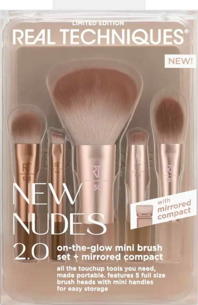 Real Techniques New Nudes 2.0 On-The-Glow Mini Brush Set Σετ Πινέλων Μακιγιάζ Σε Μίνι Μέγεθος & Καθρεφτάκι 5τμχ