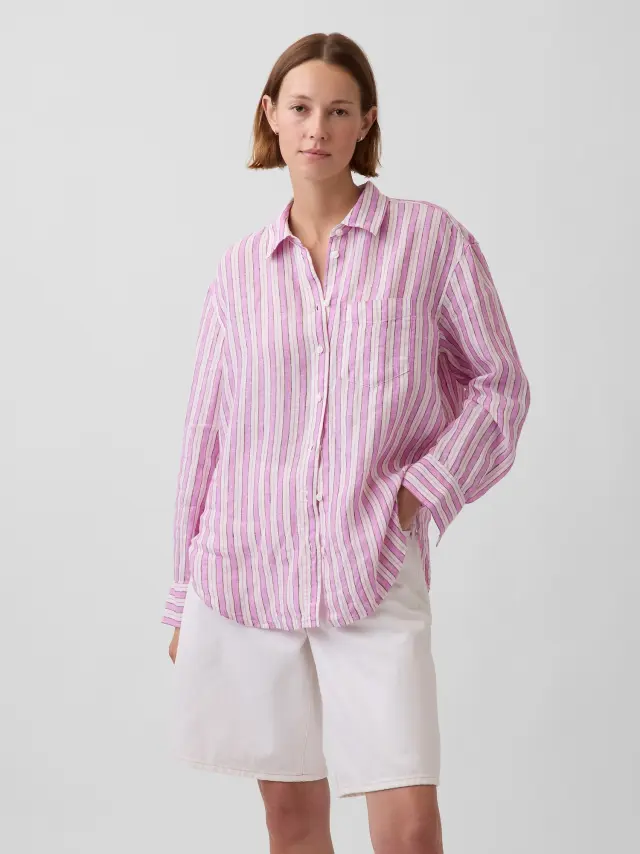 Γυναικείο Πουκάμισο Oversized απο 100% Λινό Ύφασμα Pink stripe