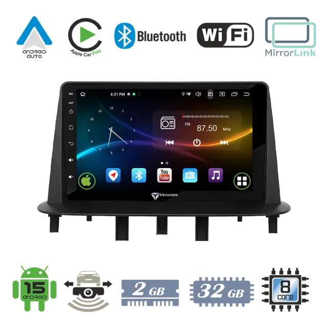 VenCore Οθόνη Multimedia Android 15 9" 9109A MTK6762 Octa-Core 2GB/32GB IPS με Πρόσοψη, CarPlay, Android Auto και Υποστήριξη Κάμερας Οπισθοπορείας AHD για Renault Megane 3 2009-2013 – Μαύρη (3236-10007-0718B)