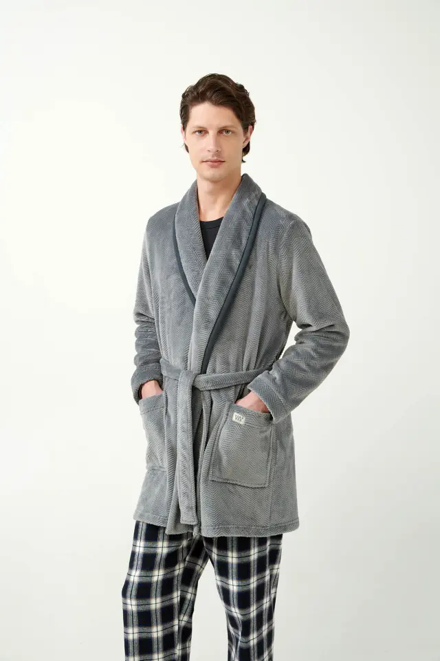 Uomo Di Vamp Ανδρική Fleece Ρόμπα Σταυρωτή Με Μοτίβο Γκρι
