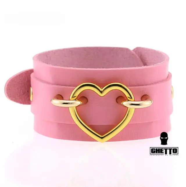 Ghetto Punk Pink Leather Gold Heart Gothic Wristband