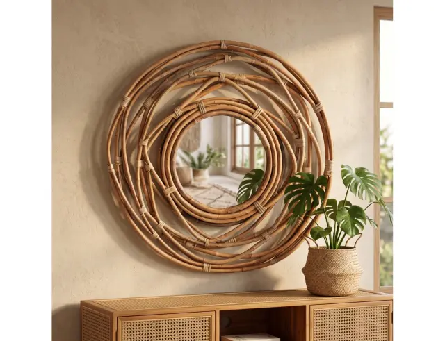 Διακοσμητικός καθρέπτης τοίχου Kubu στρογγυλός, με διαστάσεις 90x6cm - Σε απόχρωση ξύλου J11300470