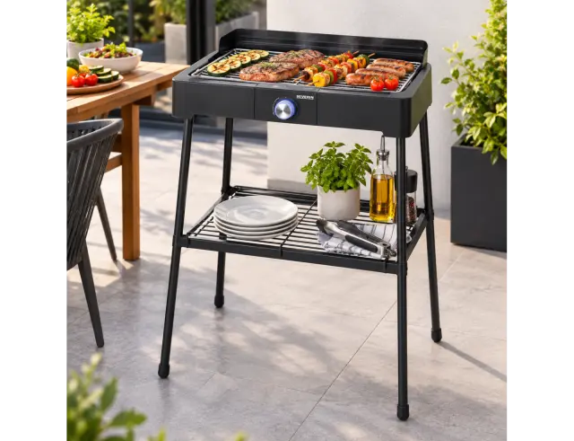 Ηλεκτρική Ψησταριά Σχάρας Severin 8566 με ισχύ 2200W, ρυθμιζόμενο θερμοστάτη, αφαιρούμενη βάση και διαστάσεις 56x54x98.5cm - Black8566