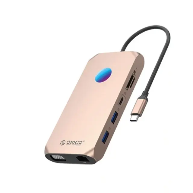 Orico Docking Station XCR 12in1 RGB 2x USB-A 3.1 1x USB-A 2.0 1x USB-C PD 100W 1x USB-C 3.1 2x HDMI 2.0 4K60Hz 1x VGA 1080p 1x microSD/SD 3.0 1x RJ Gigabit Ethernet 1x Audio CTIA 3.5mm Rose Gold