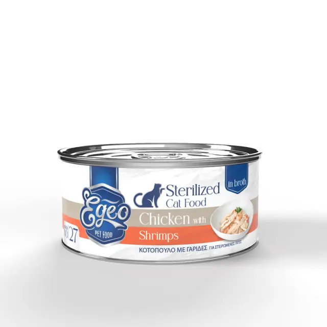 Υγρή Τροφή Γάτας Egeo Cat Sterilized Κοτόπουλο Με Γαρίδες Σε Ζωμό 70gr