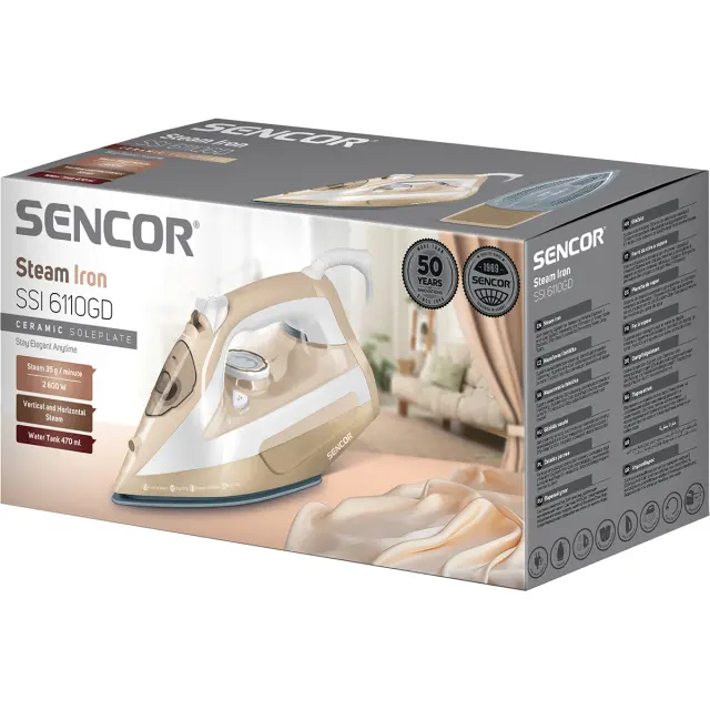 Σίδερo Ατμού Sencor SSI 6110GD 2600W 470ml με Κεραμική Πλάκα Drip-Stop Τεχνολογία και Steam Boost 160g/min Χρυσό 2
