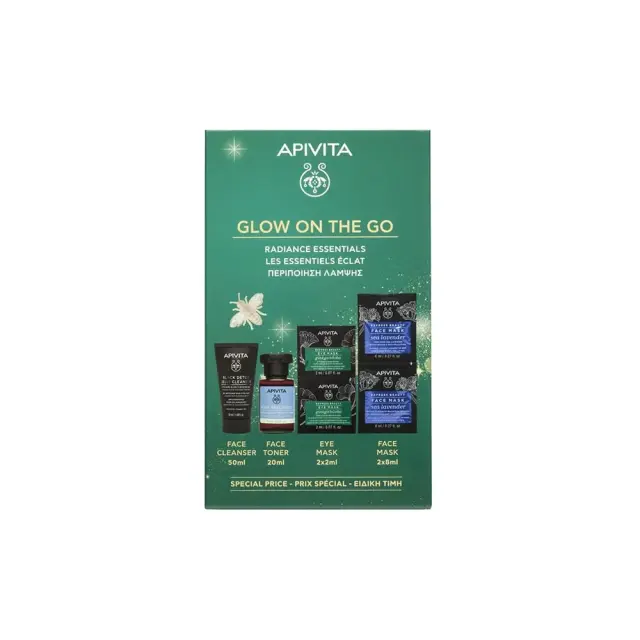 Apivita Promo Glow On The Go ,Αναζωογονητικό Gel Καθαρισμού Πρόσωπο & Μάτια, 50ml & Aqua Beelicious Λοσιόν Ενυδάτωσης Κατά των Ατελειών, 20ml, Μάσκα Ματιών Ginkgo Biloba, 2x2ml & Μάσκα Προσώπου Θαλάσσια Λεβάντα, 2x8ml, 1σετ