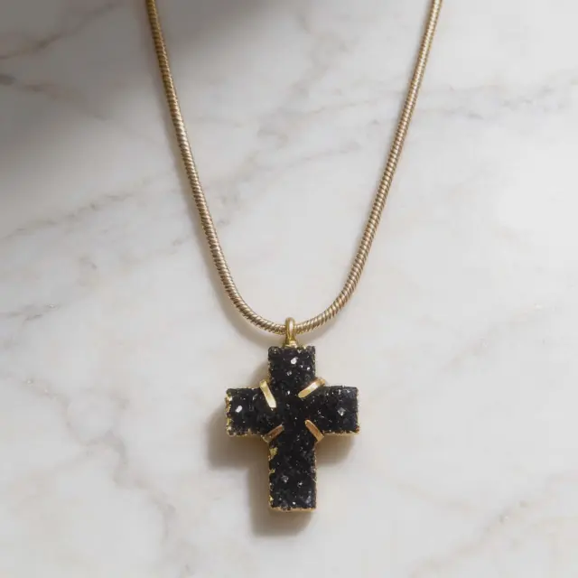 Black Crystal Cross Necklace Stainless Steel