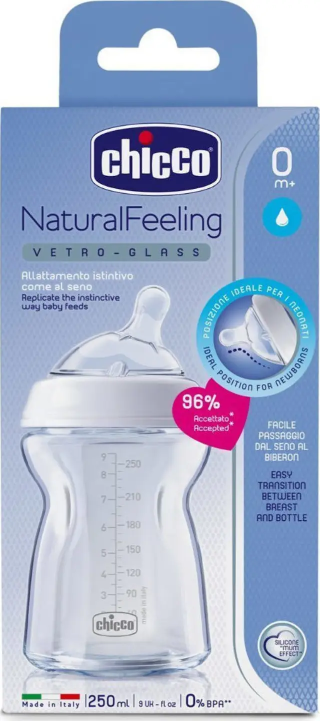 Chicco Γυάλινο Μπιμπερό Natural Feeling Vetro με Θήλη Σιλικόνης Λευκό 0m+ 250ml